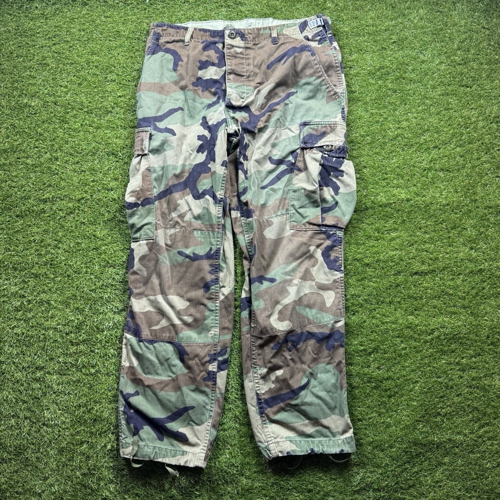 Vintage US Army BDU Pants Mens Medium Short Woodland Camo Cargo Military Ripstop